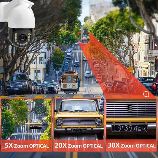 5MP 30X Optical Zoom Security PTZ Camera, WiFi 2.4GHz 5GHz Speed Dome Wireless IP Camera, Motion Detection Auto Tracking Outdoor Color Night Vision Infrared 390ft