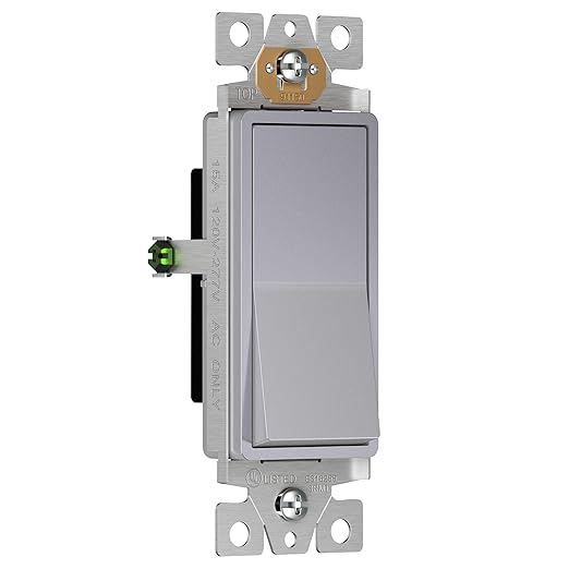 ENERLITES Elite Series Decorator Rocker Light Switch, 15A 120V/277V, Gloss Finish, Single Pole, 3 Wire, Grounding Screw, Residential Grade, UL Listed, 91150-SV, Silver Color
