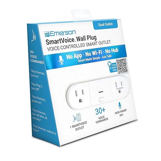 Emerson SmartVoice 4-in-1 Dual Wall Plug, Offline 30+ Voice Control Commands, No APP, No WiFi, No Setup, Smart Outlet w/ 2 AC Outlets, 2 USB-A Ports, Sleep & Wake Timer, ETL Listed