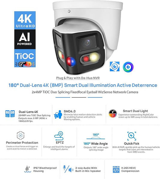 VIKYLIN Security Camera Outdoor 4K Full-Color 2×4MP Dual-Lens 1/1.8" CMOS Smart Splicing IP POE Camera Outputs 180° Wide Angle, Two-Way Talk,Active Detterence,SMD4.0,IVS,EPTZ,DMSS/SmartPss Lite