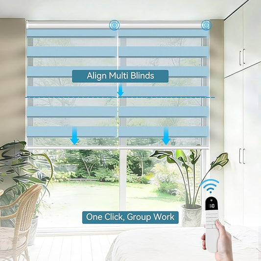 Interior Window Shades, Smart Dual Layer Light Filtering Blinds Compatible with Alexa & Google Home, Customized Size Cordless Electric Window Shades, (Blue, 55% Blackout)