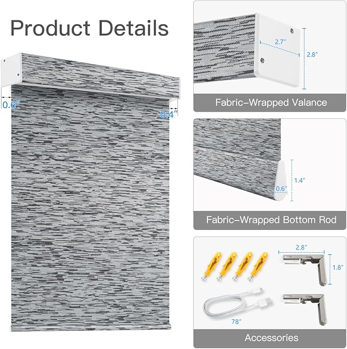 Tokblind Motorized Blackout Roller Shade Fabric Covered Valance and Bottom Rod, Remote Control Electric Window Blind Work with Alexa Google via Hub, Custom Size (Texture Black Grey - Wrapped Fabric)