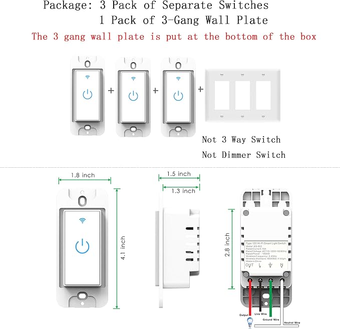 Smart Switch 3 Gang WiFi Light Switch Compatible with Alexa Google Home