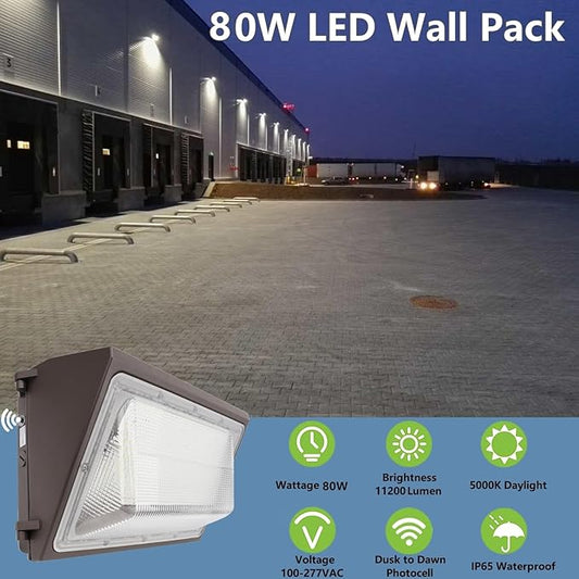 1-10V Dimmable 80W LED Wall Pack Light with Dusk to Dawn Photocell, 100-277V 11200LM 600-800W HPS/HID Equiv., 5000K Outdoor Security Lighting, ETL Commercial Wall Mount Lights for Building