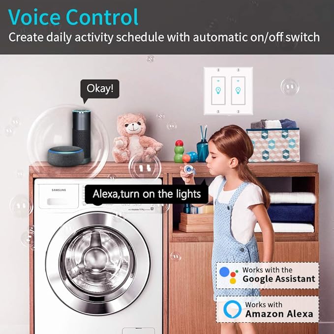 Smart Light Switch, Compatible with Alexa, Google Home IFTTT, App and Voice Control, Timing Function, No Hub Required, Suitable for 2/3/4 Box, Neutral Wire Needs MICMI, 2 Gang 2 Pack