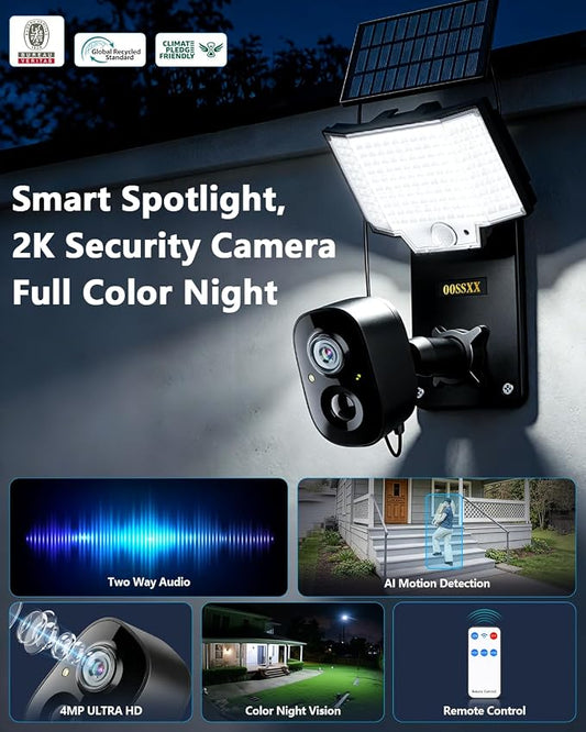 Solar Security Camera with Bracket & Spotlight, Smart Lighting Modes, 4MP Color Night Vision, PIR Detection, 2-Way Audio, 2.4G/5G WiFi, Outdoor Solar Battery Cameras for Home Security, Remote Control