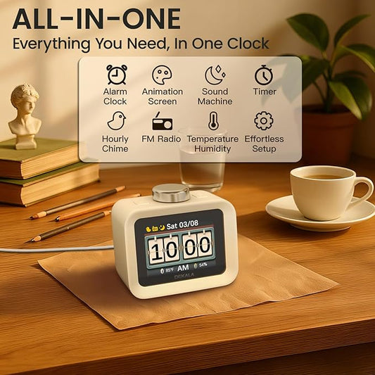 Dekala AuraDot Cute Aalarm Clock Temperature Humidity Monitor, White Noise Sound Machine for Sleep 30 Non-Loop Soothing Sounds, Animationed Sleep Screen, 7-Day Programmable 4 Alarm Clock