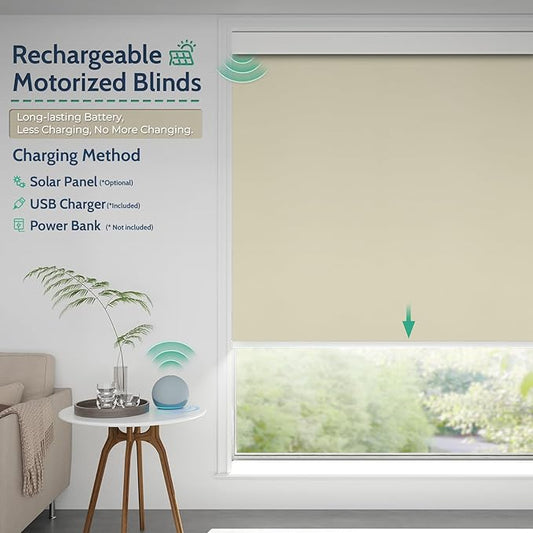 Motorized Blinds with Remote, Blackout Rechargeable Automatic Roller Shades, Cordless Smart Blinds Compatible with Alexa, Custom Blind for Indoor Windows, Photo Film Almond