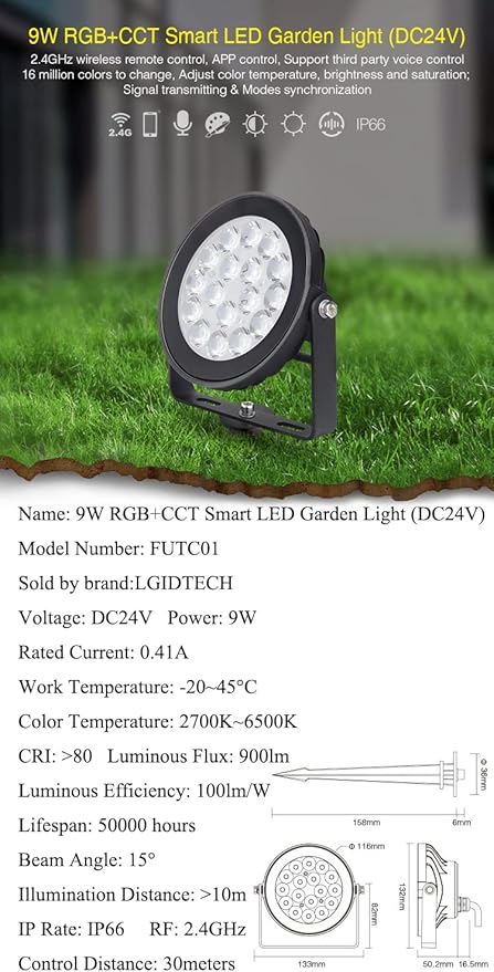 LGIDTECH FUTC01 Miboxer 9W RGB+CCT DC 24V Outdoor LED Garden Spotlight 16 Million Colors Changing,Color Temperature Adjustable