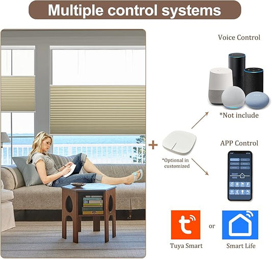 Godark Motorized TDBU Cellular Shades with Remote Control Smart Honeycomb Blinds Compatible with Alexa Google Home Smarthings Custom Double Cellular Blackout for Indoor Windows Doors-Beige