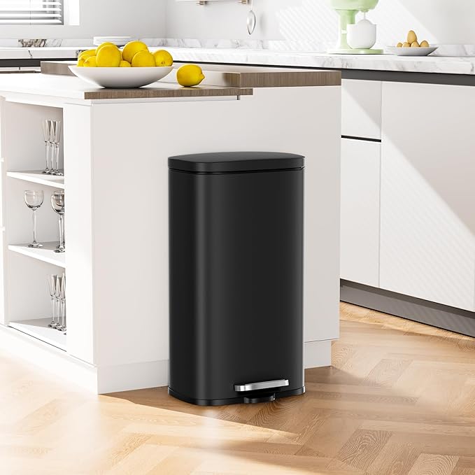Arlopu 8 Gallon Step Trash Can, Stainless Steel Garbage Bin, Soft-Close Rubbish Bin with Removable Plastic Inner Bucket, Fingerprint-Proof, Lid Dustbin, Suit for Kitchen Home (Black, 30L)