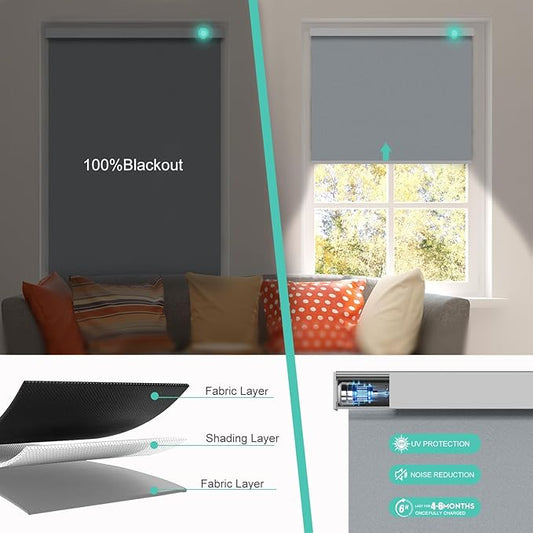 Motorized Blinds with Remote, Blackout Smart Automatic Electric Blinds for Windows Compatible with Alexa Homekit, Cordless Indoor Motorized Roller Shades with Custom Size(Silver Shade)