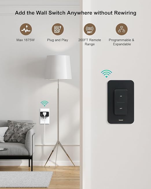 Remote Control Outlet Switch with Wireless Wall Switch, Black | 200FT RF Range, Mini Plug, 15A/1875W, Remote Switch for Lamps/Lights/Household Appliances, ETL & FCC listed, Pre-Programmed