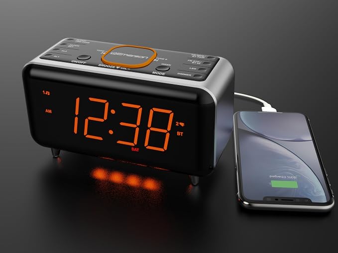 Emerson CKS1521-A SmartSet Bluetooth Dual Alarm Clock Radio with 1.4” Orange LED Display, Auto Time-Set, USB Phone Charger, FM Radio, AUX Input, Auto-Dimmer & Orange Accent Light