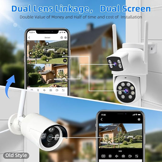 Dual-Lens Wireless Security Camera Outdoor, 2K HD 6MP View, Indoor WiFi Connection, Smart Night Vision, Ai Motion Detection and Tracking, Light and Siren Alarm, 64G SD Card (Included)
