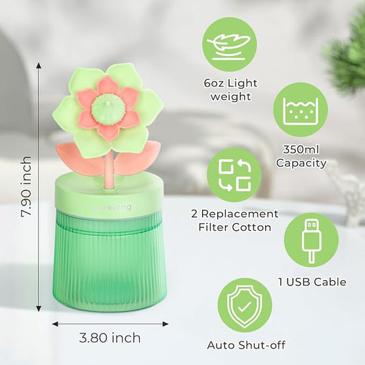 Flower Mini Humidifier, Cute Small Humidifiers, USB Portable Personal Cool Mist Desktop Humidifiers, Cooling for Home Office Car Summer Travel (260ml, Green Gardenia)