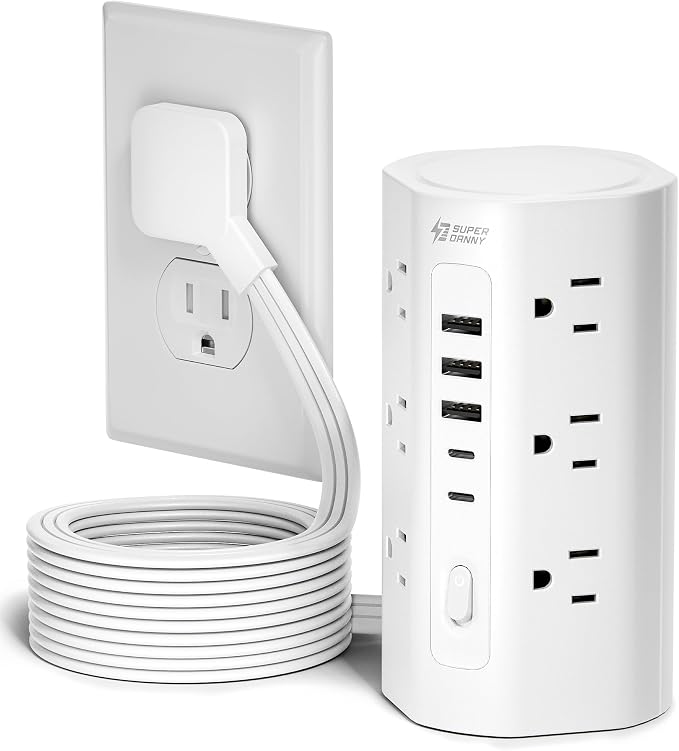 SUPERDANNY Tower Power Strip, 10Ft Extension Cord, 1700J, 12 AC 5 USB,White | 3 USB A, 2 USB C, Surge Protector Power Tower, Flat Plug, Desk Charging Station with Multiple Outlets, Home Office Dorm Room