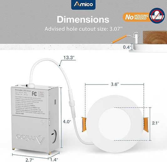 Amico 4 Pack 3 Inch 5CCT Ultra-Thin LED Recessed Ceiling Light with Junction Box, 2700K/3000K/3500K/4000K/5000K Selectable, 7W Eqv 60W 500LM Brightness Dimmable Canless Wafer Downlight, ETL
