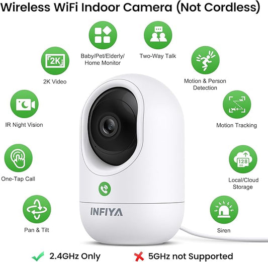 INFIYA 2K Baby Camera-WiFi Home Security Cameras Indoor via One-Tap Call with Elderly/Baby/Nanny, Motion Alert, Local/Optional Cloud Storage, Compatible with Alexa/Google Home, K7 1Pack (2.4GHz Only)
