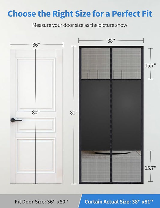 Magnetic Screen Door with Privacy Protection, Thick PET Mesh Screen Fit for Door Size 36x80 Inch(Product Size 38x81 Inch), Pet Friendly Screen Curatin for Doorway to Keeps Bugs Out