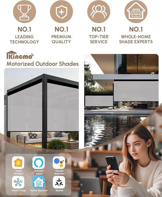 Kincmo Motorized Outdoor Shades for Patio Porch, Custom Outdoor Motorized Blinds with Remote, Waterproof & Windproof Patio Shades Work with Apple Homekit,Alexa,Google (1% Openness White Grey)