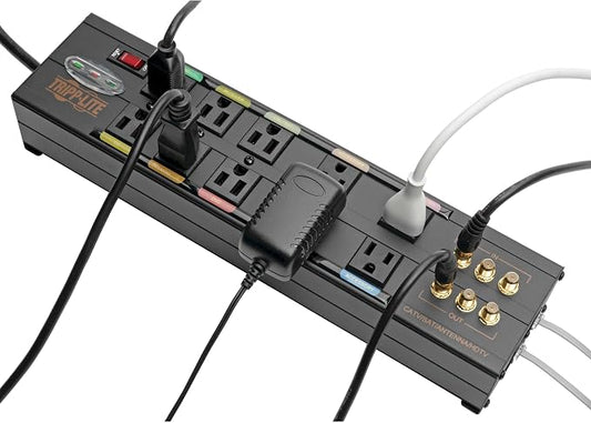 Tripp Lite Isobar 10 Outlet Audio/Video Surge Protector Tel/Modem/Coax/Network 8ft Cord Right Angle Plug, & $500,000 Insurance (HT10DBS) Black