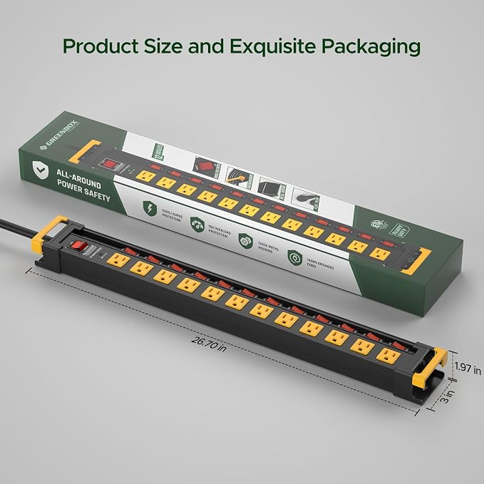 12 Outlet Long Heavy Duty Metal Surge Protector Power Strip