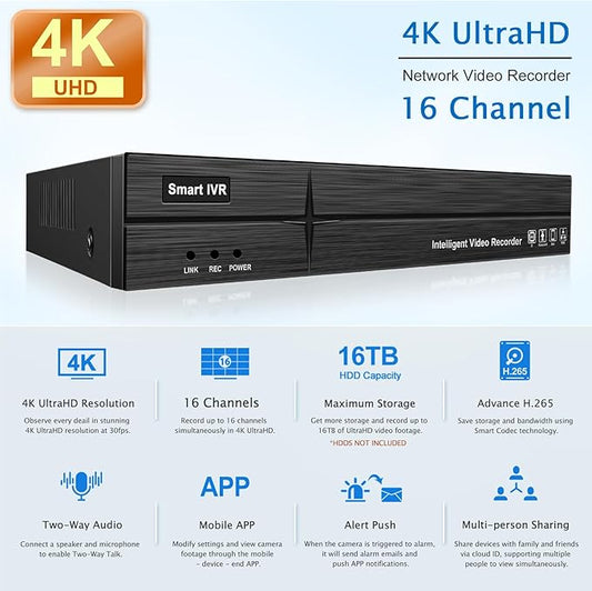 MWRCTV 4K 16CH 8 PoE Port Network Video Recorder 4K NVR for Security Camera System,Supports 8MP 5MP 4MP 2MP HD PoE IP Cameras,UP to 16TB HDD(NOT Include HDD)