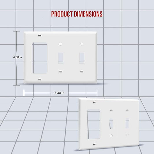 ENERLITES Combination Double Toggle/Single Decorator Rocker Outlet Wall Plate, Standard Size 3-Gang Light Switch Cover(4.5" x 6.38"), Polycarbonate Thermoplastic, UL Listed,881231-W, White