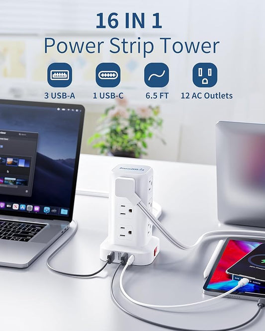 Extension Cord with Multiple Outlets, SMALLRT Flat Plug Surge Protector Power Strip Tower with USB 12 AC Outlets, 6.5FT Ultra Thin Extension Cord Outlet Extender for Home Office, Overload Protection