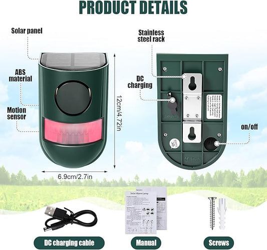 Qualirey Solar Sound and Light Alarm Motion Sensor 129db Outdoor Security Siren Waterproof Activated Detector Driveway Alarm 6 LEDs Flash Warning Deterrent Strobe System for Home, Farm(Green,6 Pack)