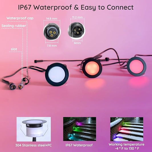 Sumaote LED Deck Lights Kit, 50 Pack 1.77" RGBW+IC Multicolor Dynamic Low Voltage Recessed Landscape Lights, IP67 Waterproof 12V Step Light Outdoor for Garden Yard Path Ground Stairs