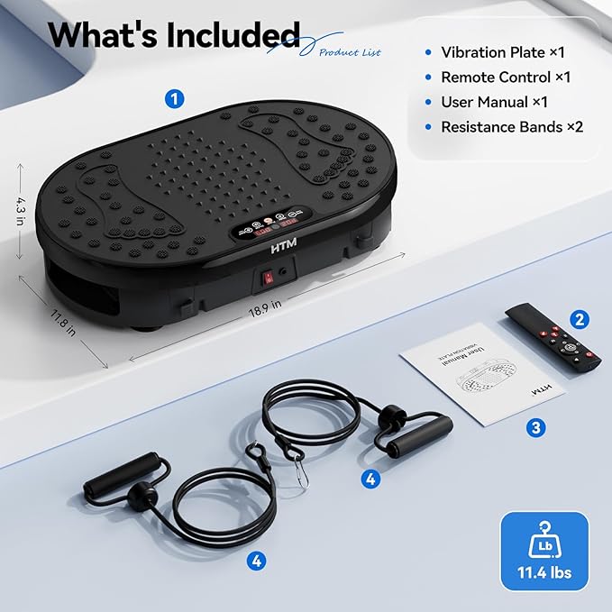 HTM Vibration Plate Exercise Machine, 9 Modes & 120 Speeds, Body Shake Plate with Resistance Bands Slot & Remote Control, 300 Lbs Capacity Shake Board for Weight Loss Fat Burner Home Fitness Workout