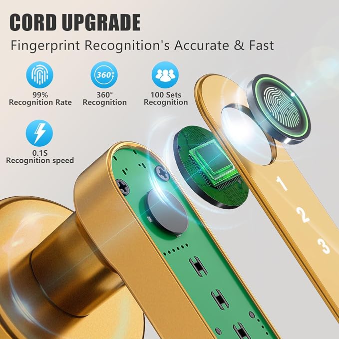 Smart Door Lock with Knob, Keyless Entry Door Locks with Handle, Fingerprint Door Knob for Bedroom/Front Door/Apartment,Generate Passcode Gold