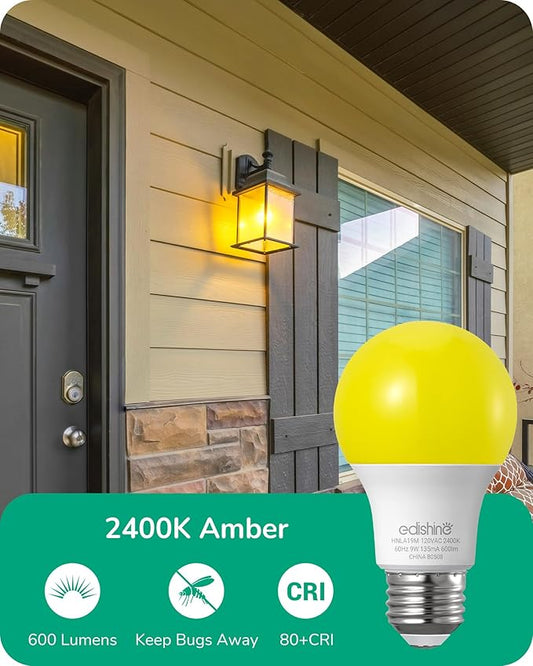 EDISHINE A19 Yellow Light Bulbs, 9W(60W Equivalent), 600LM 2400K Amber Glow Outdoor Bug Light Bulbs, Non-Dimmable, E26 Medium Base, UL Listed, 8 Pack