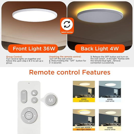 TALOYA Flush Mount Ceiling Light with Remote,3000K-6500K Adjustable,2000K Nightlight,18 Inch, Led Low Profile Ceiling Lights for Bedroom, Living Room, Kitchen, White