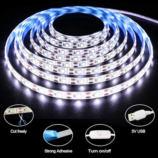5V USB LED Strip Lights, White 6000K 9.84ft SMD 2835 IP65 Waterproof 180 LEDs Plug and Play Rope Light Strips with Switch for Bedroom, Kitchen Decoration