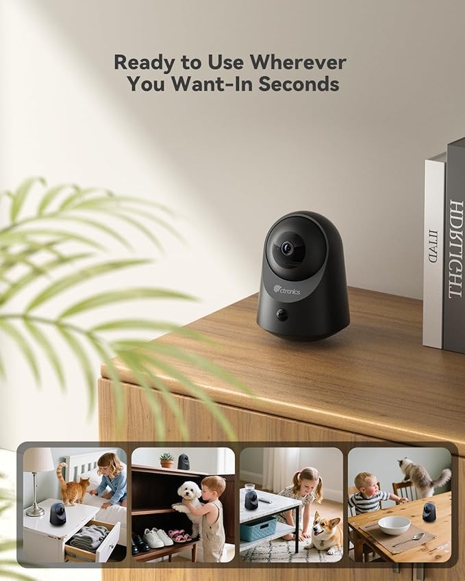 Ctronics 2K 100% Wireless Battery Indoor Security Camera, 20m Infrared Night Vision, App & PC, FTP, 128GB TF Storage/Cloud, PIR Motion Detection, 2.4GHz WiFi, Two-Way Audio, Black