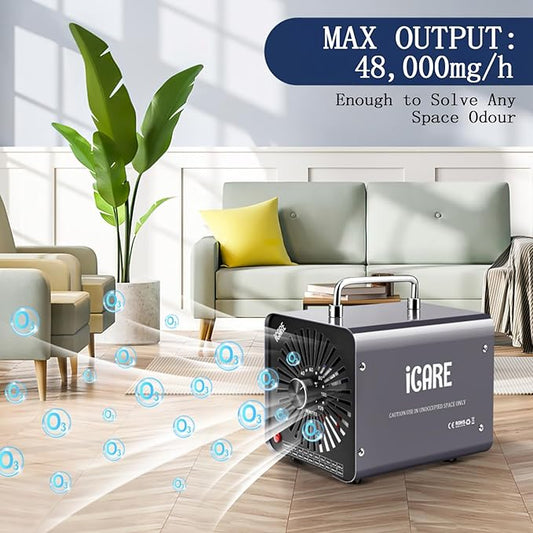 Ozone Generator 48,000mg/h, Ozone Machine for Odor Removal, High Capacity Ozone Odor Eliminator for Home, Car, Smoke, Pet, Basement, Industrial, Air Purifier with 120 Min Timer, Covers 4000 Sq.Ft