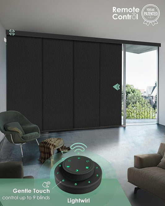 Yoolax Custom XL Smart Sliding Door Blinds, Motorized Sliding Panel Blinds Compatible with Alexa, Blackout Vertical Blinds for Glass Doors, Patio Doors, Closet Doors, Midnight Stripe Black