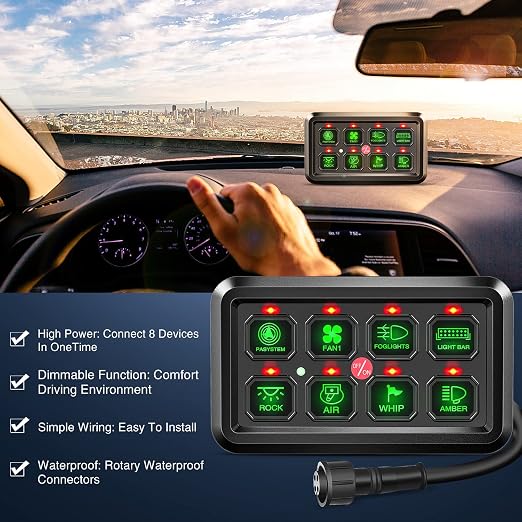Nilight 8 Gang Switch Panel System Circuit Control Relay System Fuse Wiring Harness Automatic Dimmable ON Off LED Switch Pod for 12V Cars Trucks Campers SUV, 2 Years Warranty | Universal Circuit Control Fuse Wiring Harness ON Off Green Backlit LED Pod ...