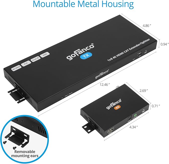 gofanco 4K60Hz 1x8 HDMI Extender Splitter Over CAT6/7 Ethernet Cable – Up to 197ft at 4K 60Hz/295ft at 1080p, HDR, HDCP 2.2, Dual IR, PoC, EDID, Loopout, 5.1-ch Audio, Audio Extraction (HD20Ext-8Pv2)