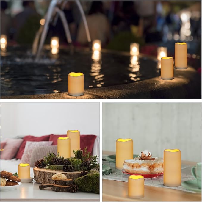 Flameless Candles 4" 5" 6" Outdoor Indoor Pillars Battery Operated Flickering Candles Include 10-Key Remote Timer 400+ Hours by 2 AA Batteries (Ivory Candle - Warm light, 3"D x 4"|5"|6" H - 24 Pack)