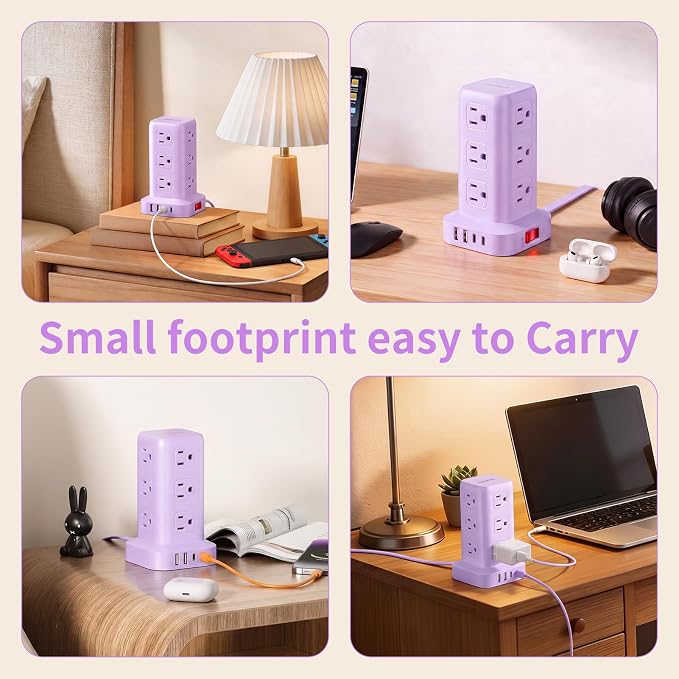 Extension Cord with Multiple Outlets, SMALLRT Power Strip Tower, Outlet Extender with 12 AC Outlets 4 USB, 6.5FT Extension Cord for Home Dorm Room, Office Supplies, Purple