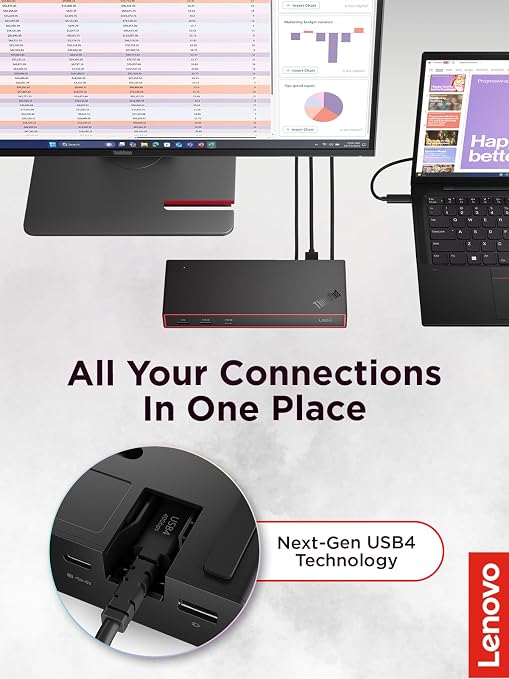 Lenovo ThinkPad USB4 Dock 5000, 40Gbps Bandwidth, Universal Compatibility, 65W Charging, Multiple Display Support, Black | USB4 technology with 40Gbps speed and 8K display support for workstations, laptops and productivity