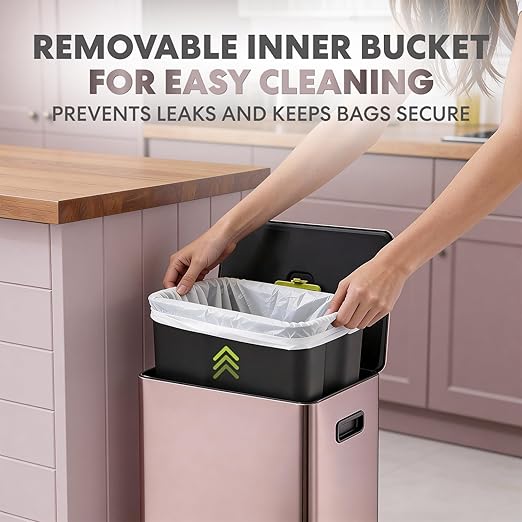 Simpli-Magic Infinity Edge 60 Liter / 16 Gallon Rectangular Hands-Free Extra Large Kitchen Step Trash Can, Soft-Close Single Lid Recycling Bin, Stainless Steel, Gold, 79681