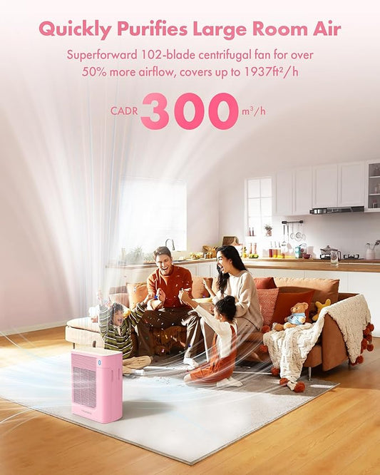 T356 New Pink Air Purifier for Home Large Room Bedroom Up to 1937 Ft² in 1 Hr With Double-sided Air Inlet, Air Quality and Light Sensors, HEPA Sleep Mode for Allergies, Dust, Smoke, Pet Hair