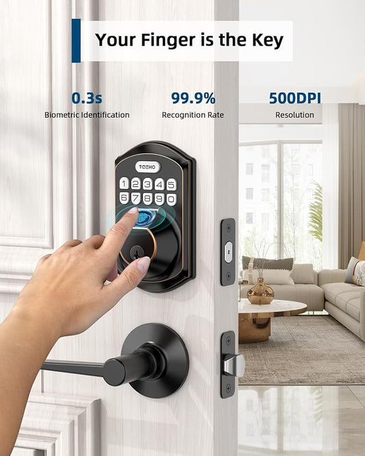 TEEHO TE002L Fingerprint Door Lock with 2 Lever Handles, Keyless Entry Deadbolt with Handle Set, Electronic Keypad Deadbolt for Front Door, Auto Lock and 1 Touch Locking, Oil Rubbed Bronze