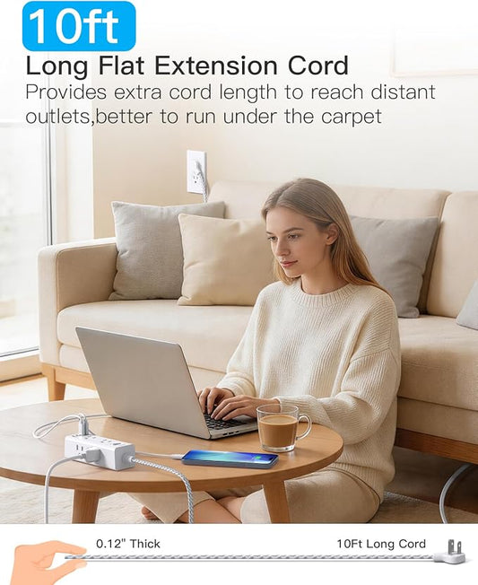 Flat Plug Extension Cord 10Ft, One Beat Surge Protector Power Strip 10 Ft Cord with 6 Widely Outlets 4 USB Ports (2 USB C), 3 Way Wall Outlet Extender Extension Cord for Home Office College Dorm Room