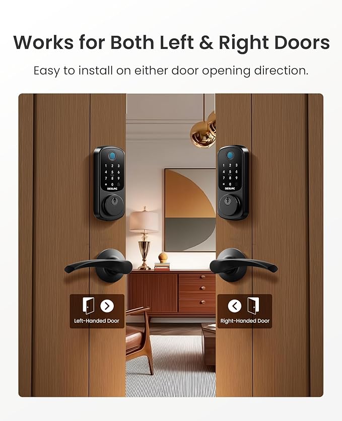 DESLOC B200 Fingerprint Smart Lock with 2 Lever Handles, Keyless Entry Front Door Lock Set, Electronic Keypad Deadbolt, App Control, Auto Lock, Long Battery Life,Matte Black